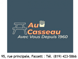 Logo d’Au Casseau, « Avec vous depuis 1960 », avec une table de pique-nique; 95 rue Principale, Fassett, 819 423-5866.