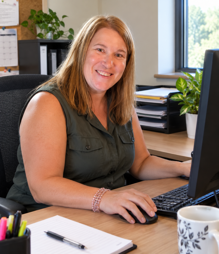 Portrait de Cindy Turpin, souriante, assise à son bureau devant un ordinateur.