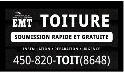 Carte d’affaires de Construction et toiture EMT : toiture, soumission rapide et gratuite, installation, réparation, urgence, 450 820-TOIT (8648).