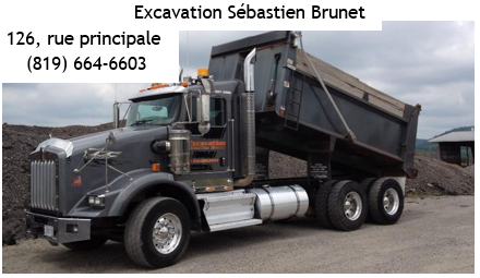 Camion à benne basculante gris de Excavation Sébastien Brunet, 126 rue principale, 819 664-6603.