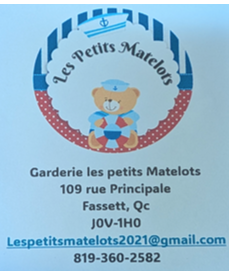 Logo de la garderie Les Petits Matelots, un ourson en tenue de marin, 109 rue Principale, Fassett, 819 360-2582.