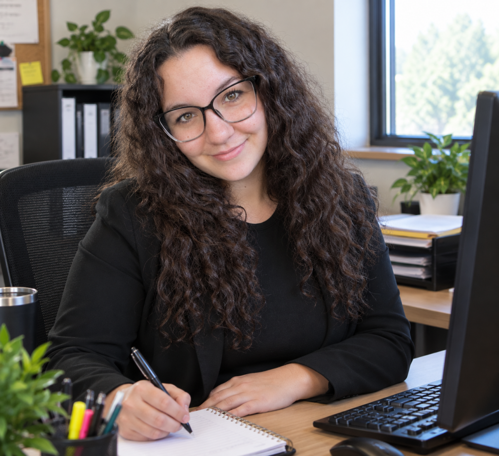 Portrait de Samantha Nadon Desjardins, souriante, assise à son bureau devant un ordinateur, un stylo à la main.