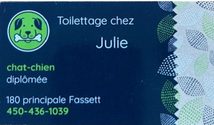 Carte d’affaires de Toilettage chez Julie, toiletteuse diplômée pour chats et chiens, 180 principale, Fassett, 450 436-1039.